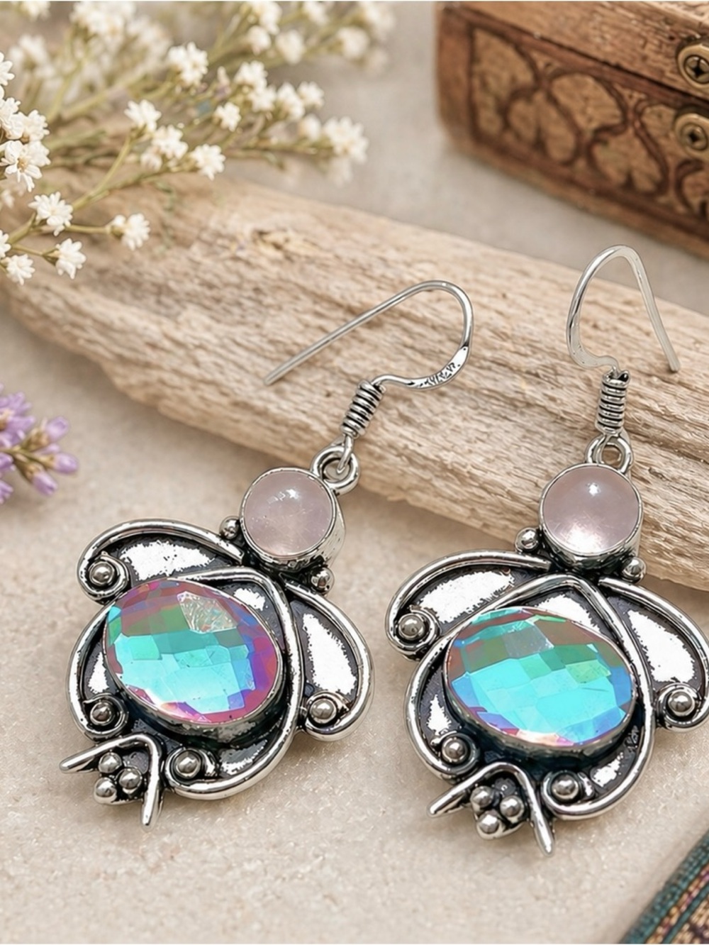 Rainbow Fire Topaz & Rose Quartz 925 Silver Stamped 2” Earrings